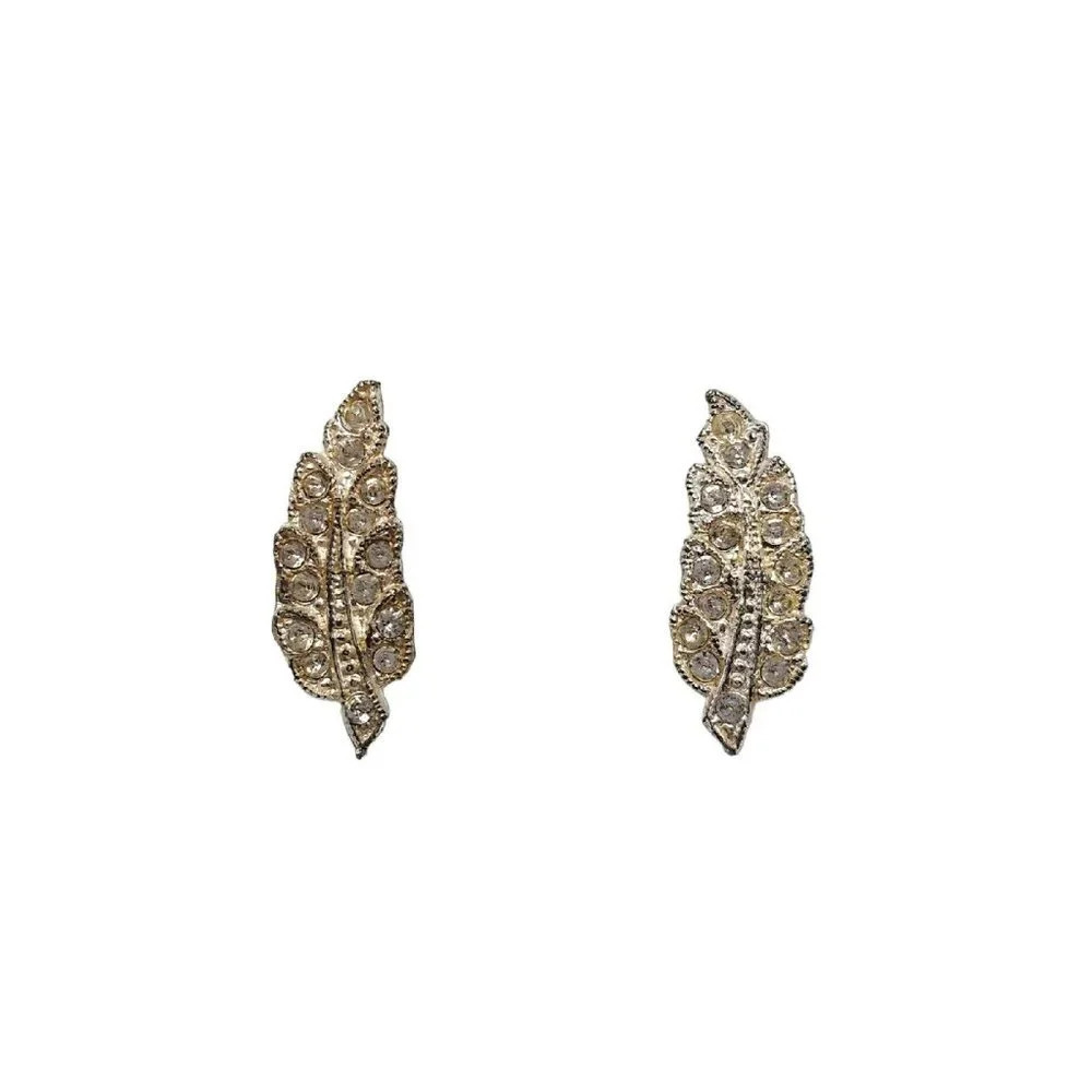 Clear Paste Rhinestone Silver Tone Leaf Screw Back Vintage Earrings